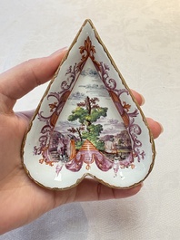 A rare polychrome Dutch Delft petit feu six-piece sweetmeat set, 18th C.