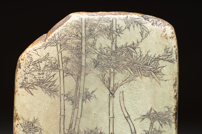 A Chinese inscribed green stone with bamboo design, Daguan mark, dated 1108