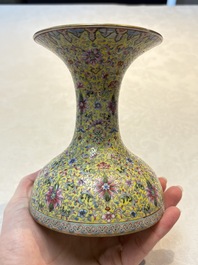A Chinese famille rose 'flower scroll' vase-shaped box and cover, Qianlong mark, 19th C.