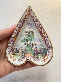 A rare polychrome Dutch Delft petit feu six-piece sweetmeat set, 18th C.