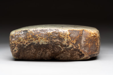 A Chinese inscribed green stone with bamboo design, Daguan mark, dated 1108
