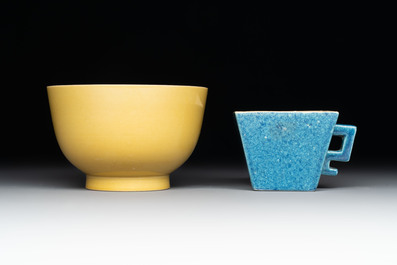 A Chinese yellow-glazed bowl, a robin's egg-glazed square cup and a powder-blue-ground seal paste box, 19/20th C.