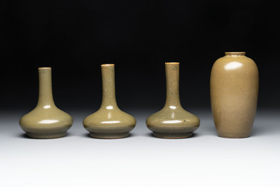 Four Chinese teadust-glazed vases and a brush washer, 19th C.