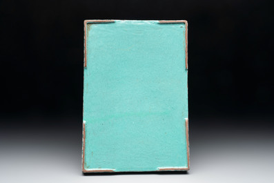 A Chinese enamelled Yixing stoneware rectangular tray with three Buddhist lions, 18/19th C.