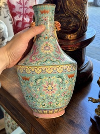 An imperial Chinese turquoise-ground famille rose 'chilong and flower scrolls' vase, Jiaqing mark and of the period