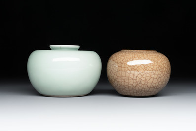 A Chinese celadon-glazed water pot and a ge-type water pot on wooden stands, Qianlong mark, 19th C.