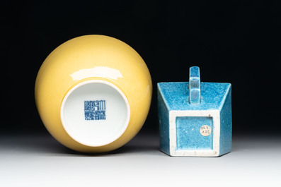 A Chinese yellow-glazed bowl, a robin's egg-glazed square cup and a powder-blue-ground seal paste box, 19/20th C.