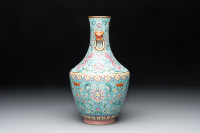 An imperial Chinese turquoise-ground famille rose 'chilong and flower scrolls' vase, Jiaqing mark and of the period
