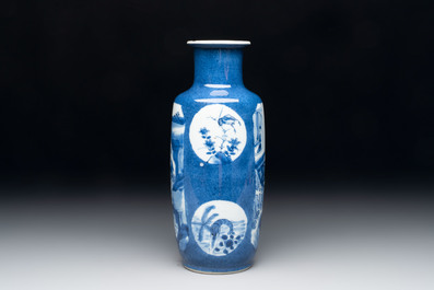 A Chinese blue and white powder-blue-ground 'Zhang Qian Cheng Cha 張騫乘槎' rouleau vase, Kangxi