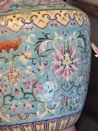 An imperial Chinese turquoise-ground famille rose 'chilong and flower scrolls' vase, Jiaqing mark and of the period