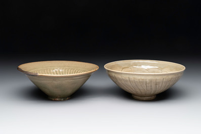 Two Chinese Yaozhou celadon bowls with anhua floral design, Song/Yuan