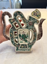 Two Chinese verte biscuit 'fu 福' wine ewers and covers, 19th C.