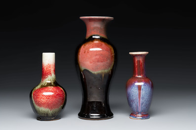 Three Chinese flamb&eacute;-glazed vases, 19th C.