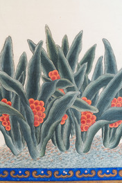 In the manner of Chen Shaofeng 陳兆鳳 (Late Qing Dynasty): 'Qinggong 清供', ink and colour on paper, Cixi mark, 20th C.