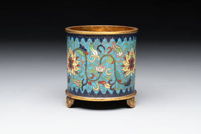 A Chinese cloisonn&eacute; cylindrical tripod censer with lotus scrolls, Qianlong mark and of the period