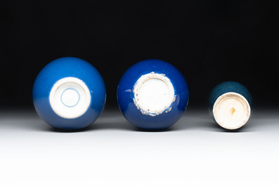 Three Chinese blue-glazed miniature vases on wooden stands and a claire-de-lune seal paste box and cover, 19th C.