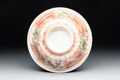 A Chinese Swatow wucai 'klapmuts' bowl with a duck, Ming