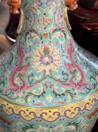 An imperial Chinese turquoise-ground famille rose 'chilong and flower scrolls' vase, Jiaqing mark and of the period