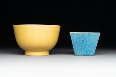 A Chinese yellow-glazed bowl, a robin's egg-glazed square cup and a powder-blue-ground seal paste box, 19/20th C.