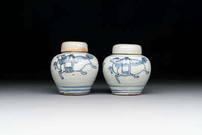 A pair of Chinese white-glazed vases and a pair of blue and white covered jars, Wanli mark and of the period