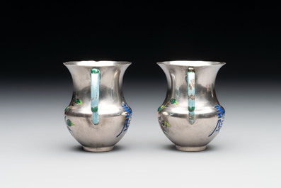 A pair of Chinese enamelled silver handled cups, Zu Wen 足紋 mark, 20th C.
