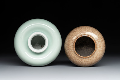 A Chinese celadon-glazed water pot and a ge-type water pot on wooden stands, Qianlong mark, 19th C.