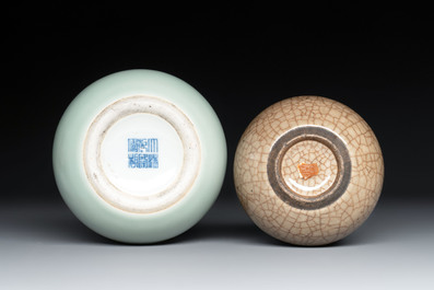A Chinese celadon-glazed water pot and a ge-type water pot on wooden stands, Qianlong mark, 19th C.