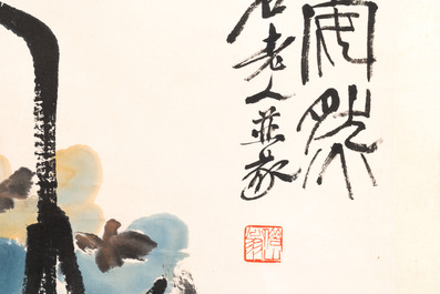 In the manner of Qi Baishi 齊白石 (1864-1957): 'Persimmons' and Wang Fuchang 王福厂(1880-1960): 'Calligraphy', ink and colour on paper