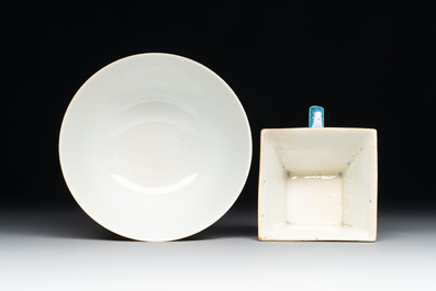 A Chinese yellow-glazed bowl, a robin's egg-glazed square cup and a powder-blue-ground seal paste box, 19/20th C.
