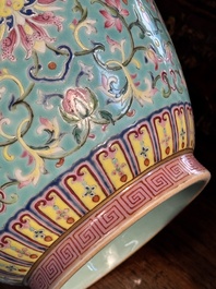 An imperial Chinese turquoise-ground famille rose 'chilong and flower scrolls' vase, Jiaqing mark and of the period