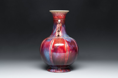 A Chinese flamb&eacute;-glazed vase with 'chilong' handles, 19th C.