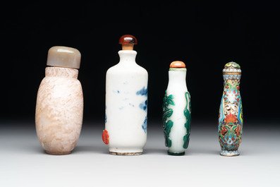 A diverse group of four Chinese snuff bottles, one with Qianlong mark, 19th C.