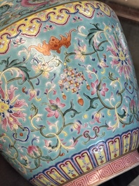 An imperial Chinese turquoise-ground famille rose 'chilong and flower scrolls' vase, Jiaqing mark and of the period