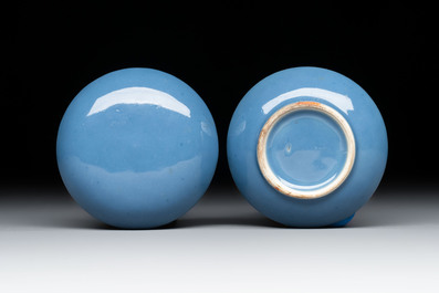 Three Chinese blue-glazed miniature vases on wooden stands and a claire-de-lune seal paste box and cover, 19th C.