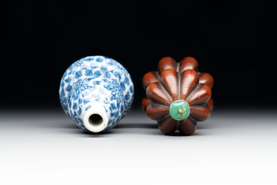 A Chinese blue and white double-gourd snuff bottle and a huali snuff bottle, Xuande and Qianlong mark, 18th C.
