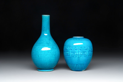 Three Chinese yellow-glazed vases and two turquoise-glazed vases, 19th C.