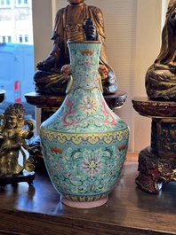 An imperial Chinese turquoise-ground famille rose 'chilong and flower scrolls' vase, Jiaqing mark and of the period