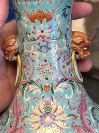 An imperial Chinese turquoise-ground famille rose 'chilong and flower scrolls' vase, Jiaqing mark and of the period