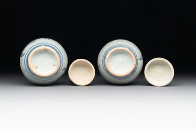A pair of Chinese white-glazed vases and a pair of blue and white covered jars, Wanli mark and of the period