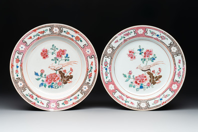 Eight Chinese famille rose plates with birds, Yongzheng/Qianlong