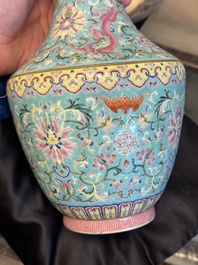 An imperial Chinese turquoise-ground famille rose 'chilong and flower scrolls' vase, Jiaqing mark and of the period