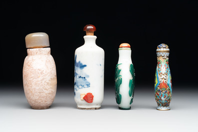A diverse group of four Chinese snuff bottles, one with Qianlong mark, 19th C.