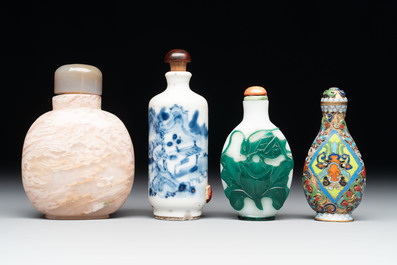 A diverse group of four Chinese snuff bottles, one with Qianlong mark, 19th C.