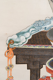 In the manner of Chen Shaofeng 陳兆鳳 (Late Qing Dynasty): 'Qinggong 清供', ink and colour on paper, Cixi mark, 20th C.