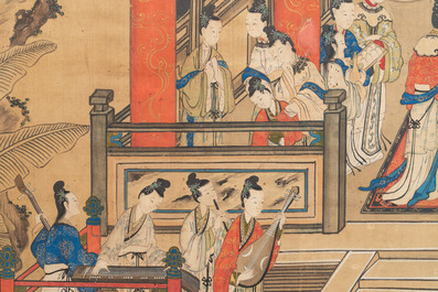 In the manner of Qiu Ying 仇英 (1494-1552): 'Festival in Chinese Garden', ink and colour on silk, 17/18th C.