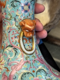 An imperial Chinese turquoise-ground famille rose 'chilong and flower scrolls' vase, Jiaqing mark and of the period