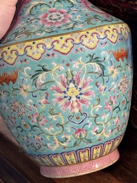 An imperial Chinese turquoise-ground famille rose 'chilong and flower scrolls' vase, Jiaqing mark and of the period