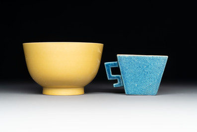 A Chinese yellow-glazed bowl, a robin's egg-glazed square cup and a powder-blue-ground seal paste box, 19/20th C.