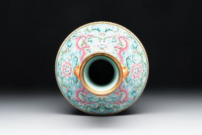 An imperial Chinese turquoise-ground famille rose 'chilong and flower scrolls' vase, Jiaqing mark and of the period