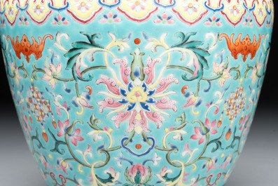 An imperial Chinese turquoise-ground famille rose 'chilong and flower scrolls' vase, Jiaqing mark and of the period